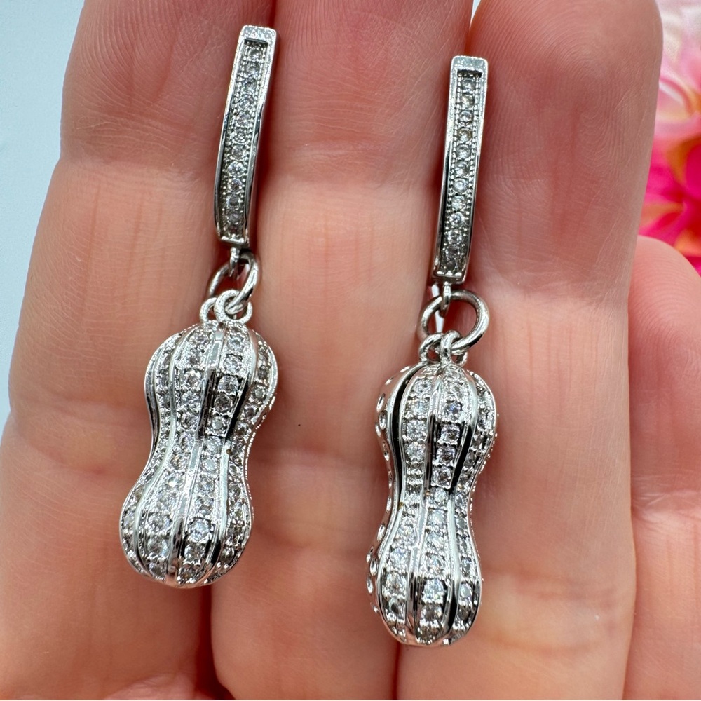 Peanut Earrings And Matching Peanut Pendant Silver Tone Stamped 925 Rhinestones - Picture 6 of 14